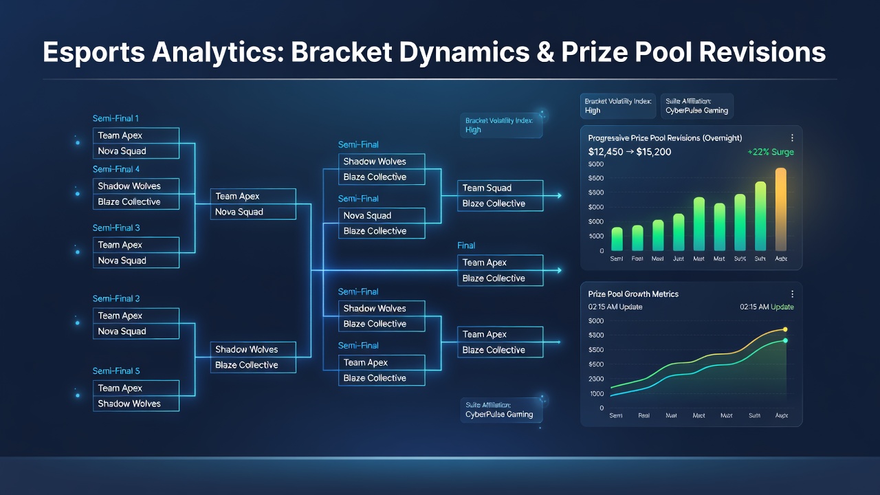 Esports tournament bracket displayed alongside progressive prize pool interfaces on gaming suite dashboards