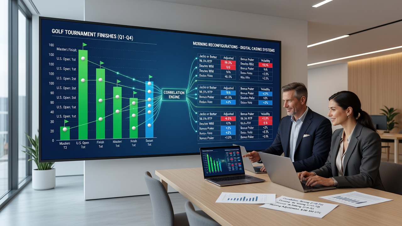 Professional golfers completing a tournament round with digital casino interfaces in background overlay
