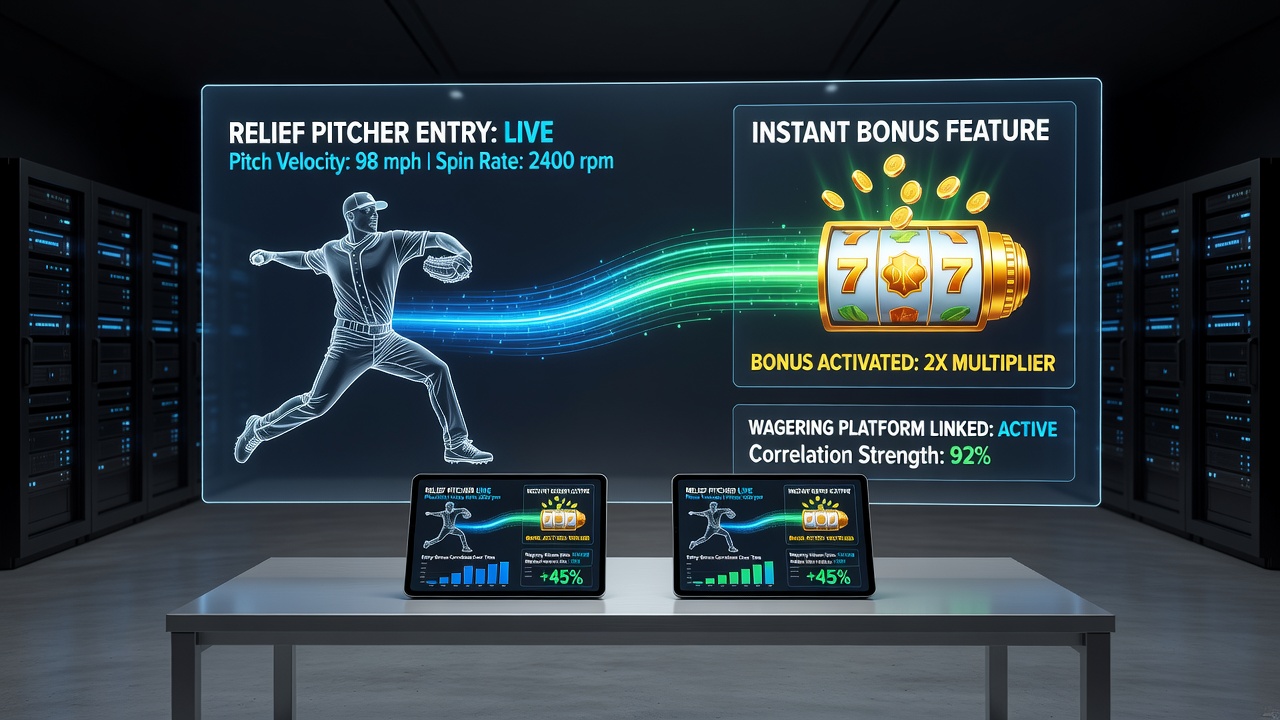 Baseball relief pitcher entering game alongside digital wagering interface showing bonus activation