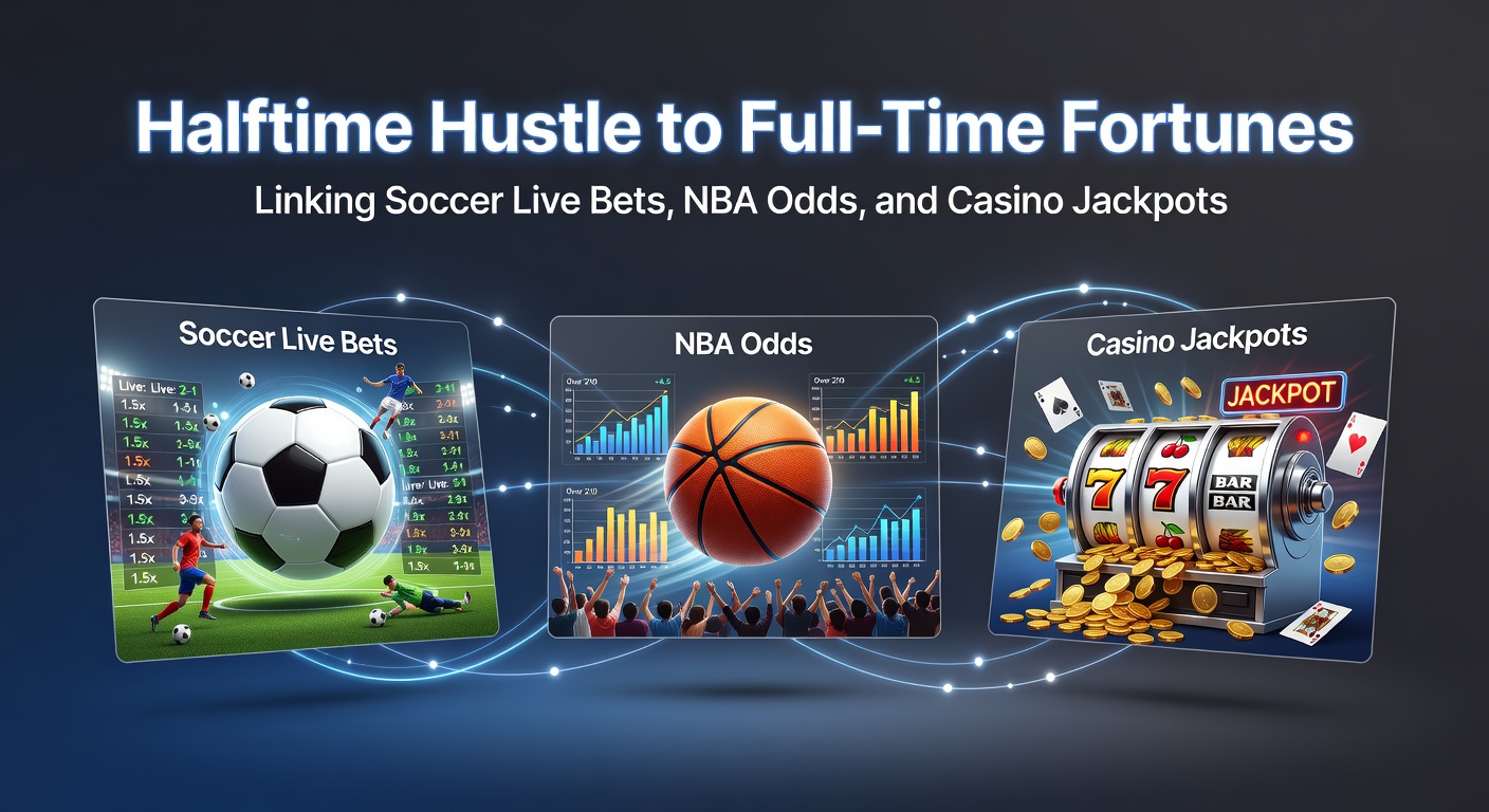 Vibrant soccer stadium scene during halftime with overlaid live betting odds transitioning to NBA court action and casino slot reels spinning in the background