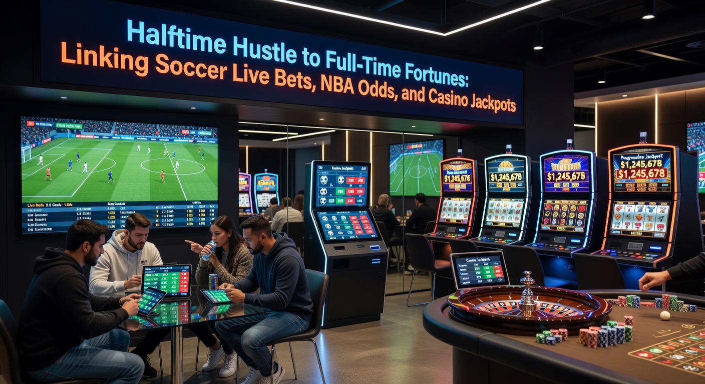 Intense NBA playoff game with odds boards displaying spreads, totals, and player props next to a casino jackpot meter climbing toward a massive payout