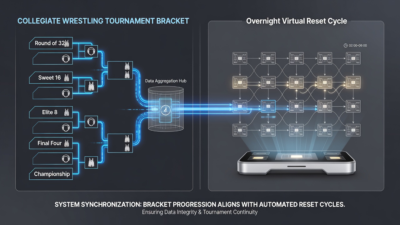 Integrated wagering platform dashboard displaying bracket progression alongside table game reset logs