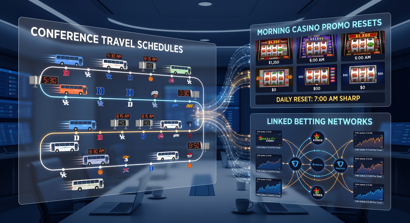 College basketball team traveling by bus to conference game with betting network graphics overlay