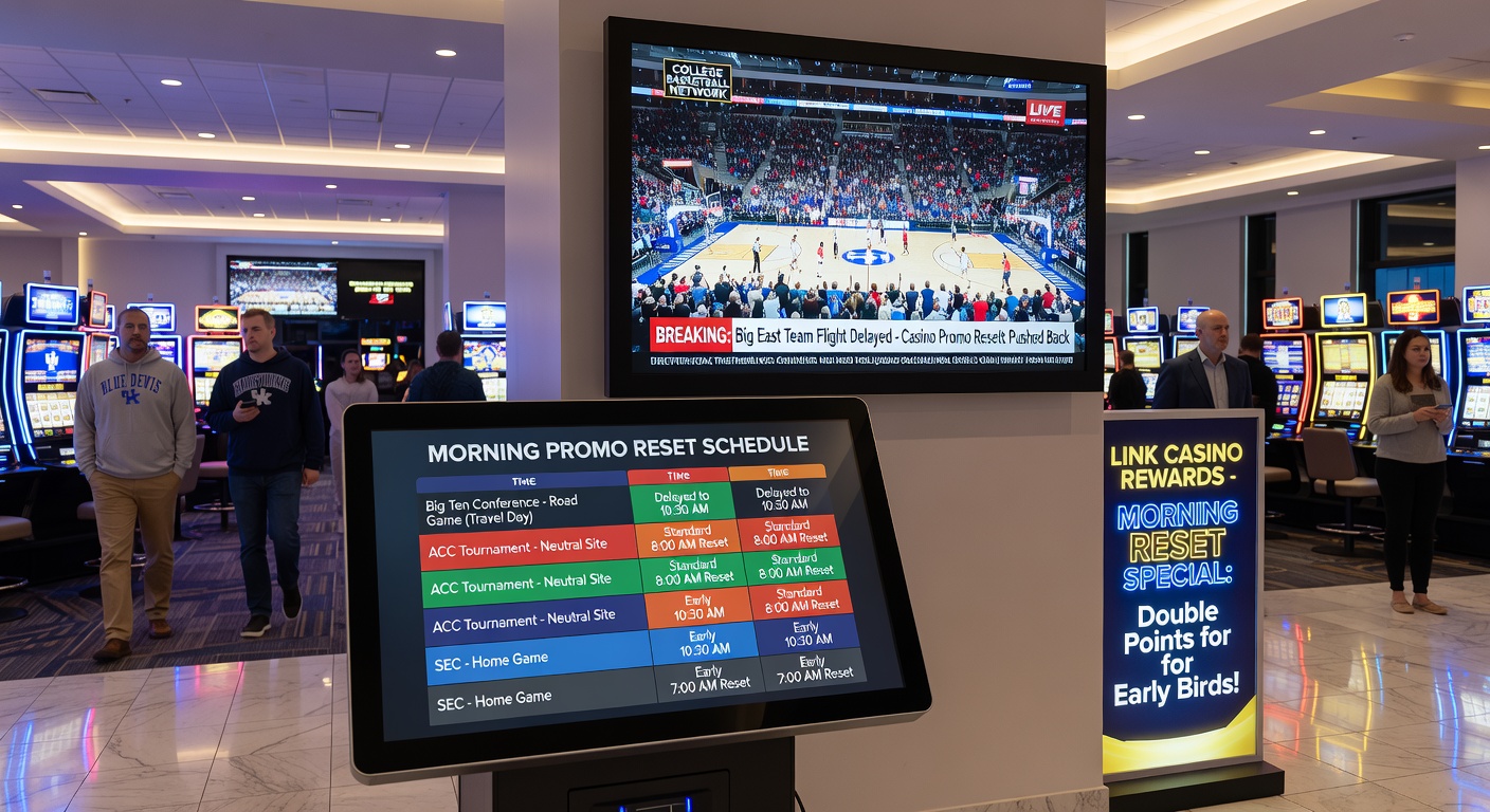 Morning casino floor with digital promotion reset screens showing updated bonus values after overnight basketball betting