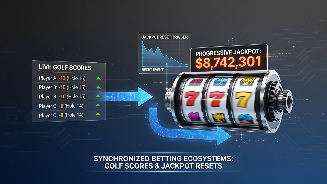 Digital interface showing live golf scores syncing with casino jackpot displays in a connected betting platform