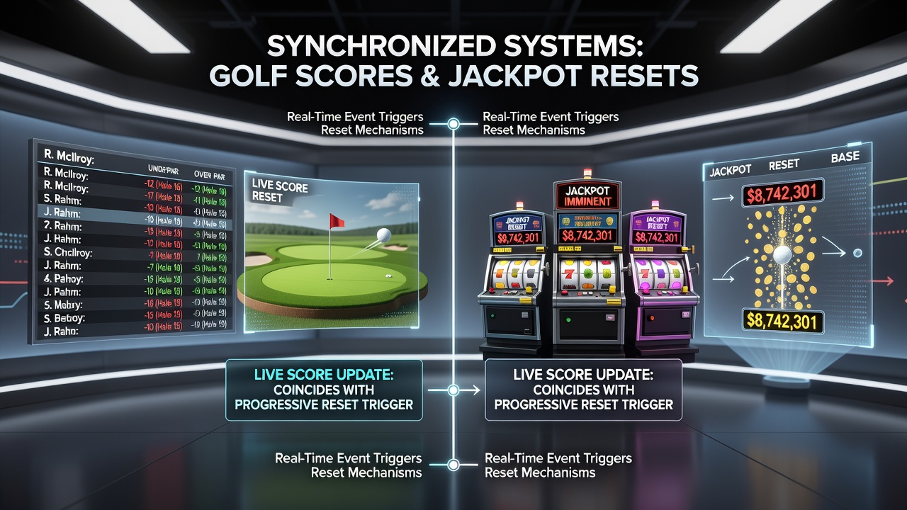 Network diagram illustrating data flow from golf tournament APIs to slot machine jackpot reset servers