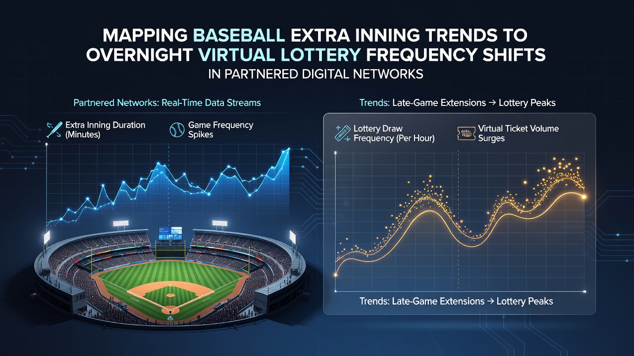 Baseball stadium at night with digital network overlays showing extra inning data flows into lottery systems
