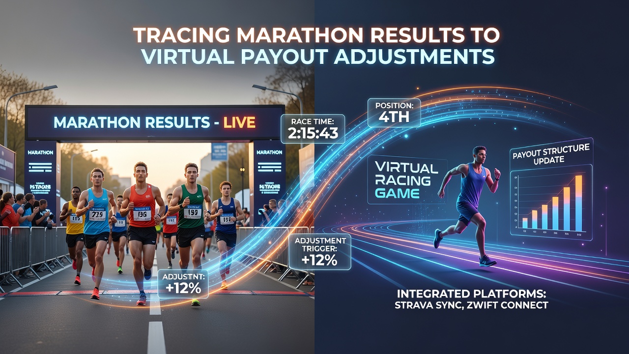 Marathon runners crossing a finish line with digital overlays showing virtual racing data feeds