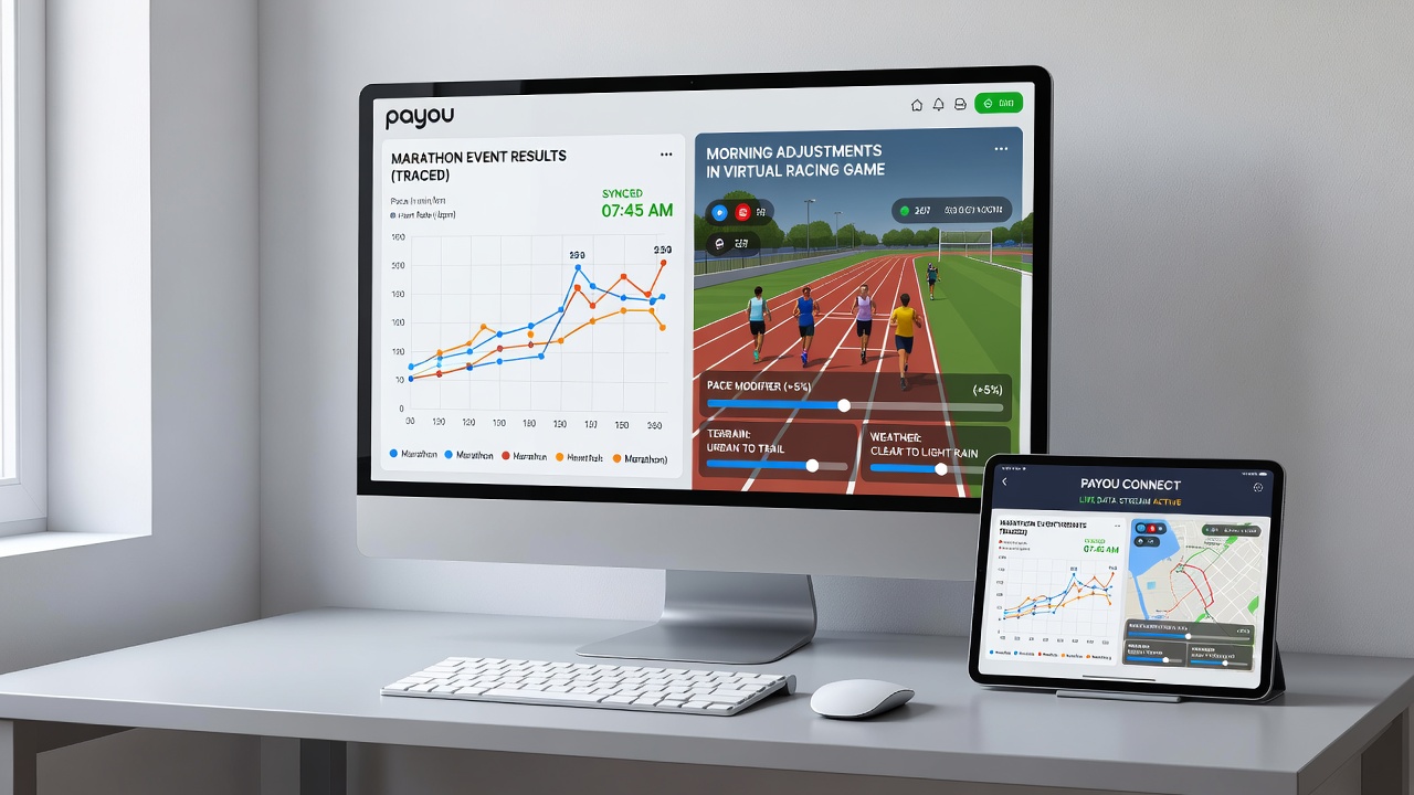 Digital dashboard displaying virtual racing game interfaces with payout structure graphs and marathon data integration icons