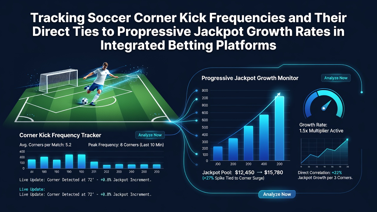 Data visualization showing soccer corner kick patterns alongside progressive jackpot meter increases on integrated betting dashboards