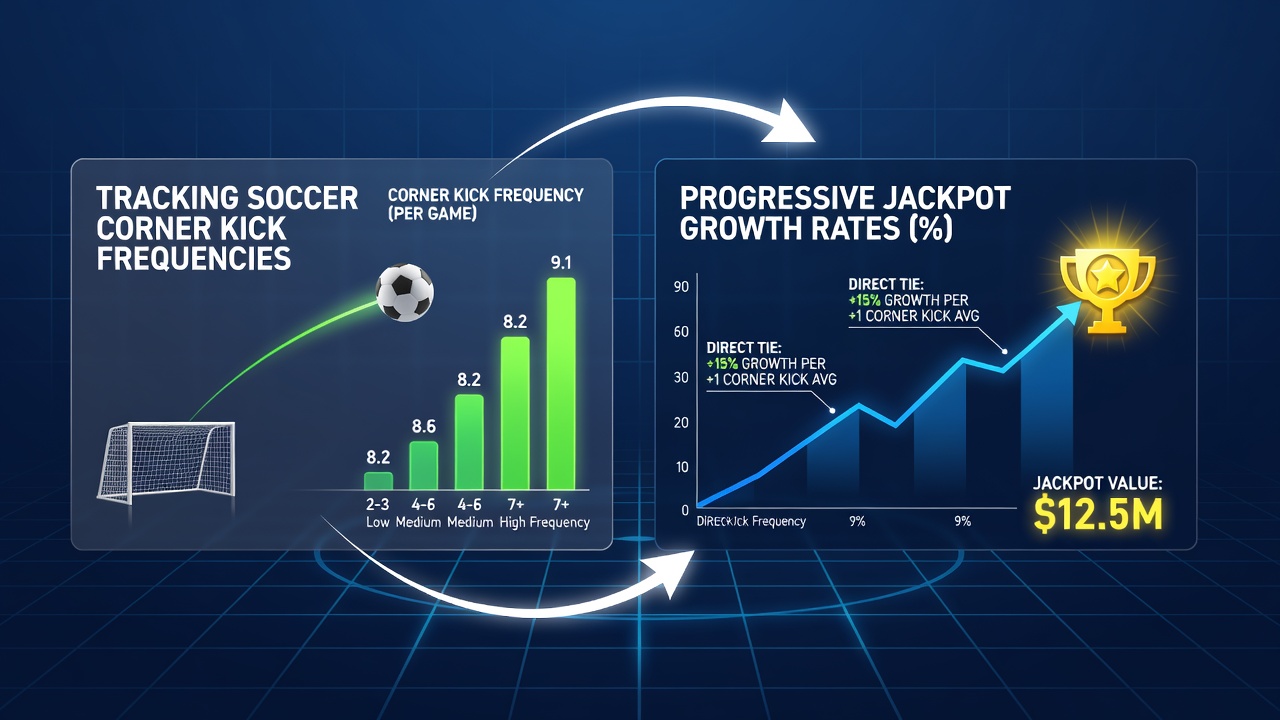 Analytics dashboard displaying real-time corner kick counts next to progressive jackpot growth curves from multiple integrated betting sessions