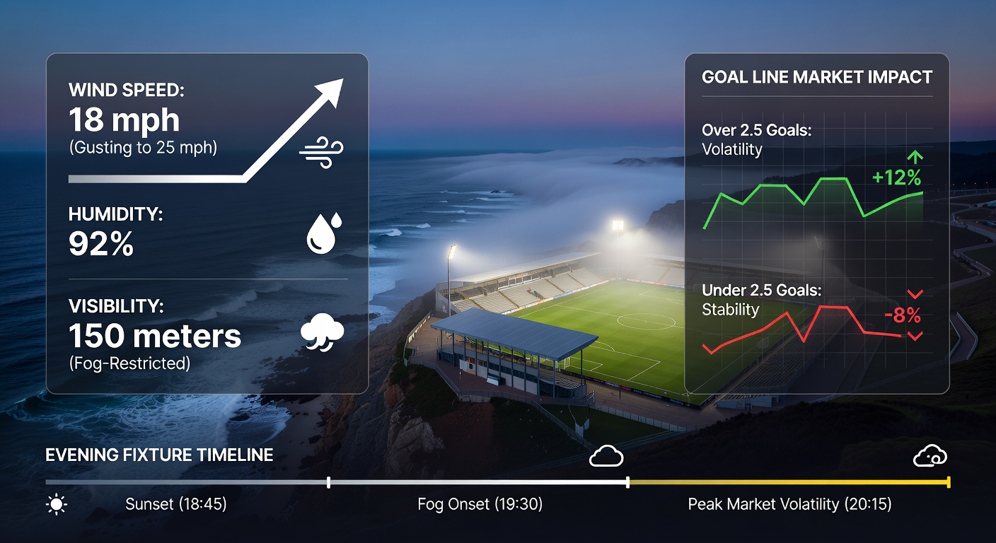Evening soccer match in a coastal venue showing players adapting to wind and dew conditions on the field